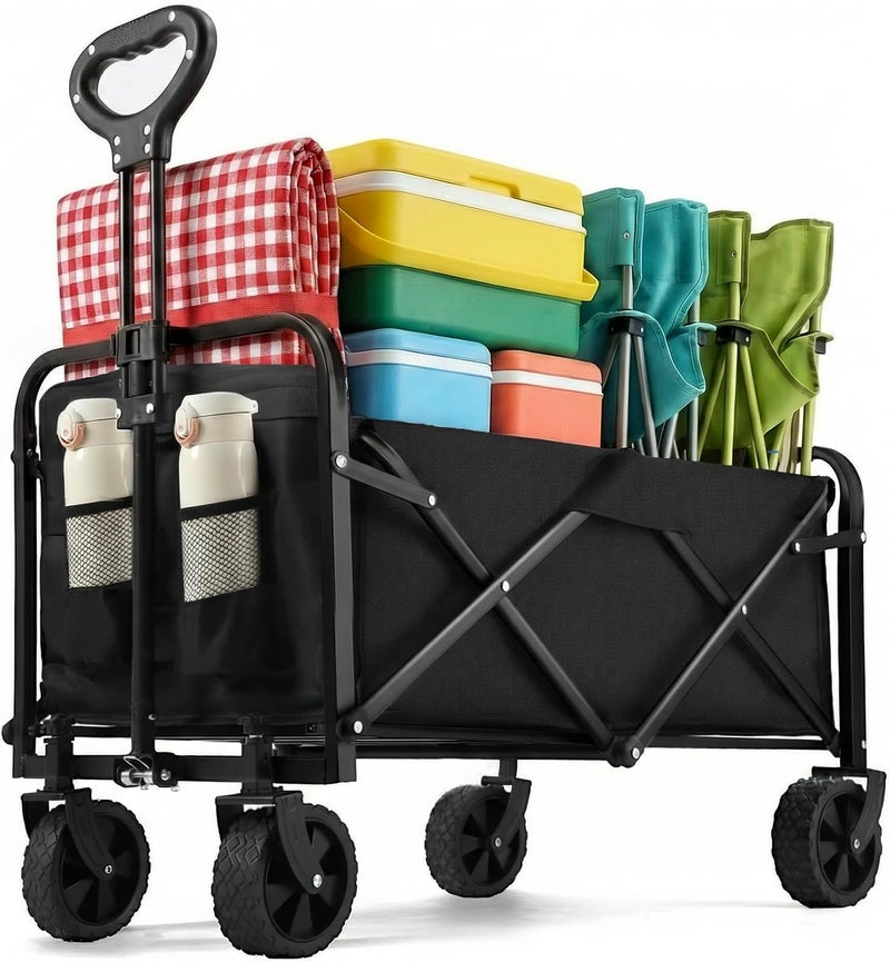 Eworld Collapsible Wagon 220 lbs, Heavy Duty Foldable Utility Wagon with All-Terrain Wheels & Drink Holders for Groceries, Beach, Shopping, Sports & Camping (Black) - Image 1